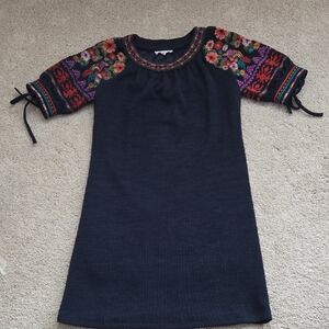 THML Navy Dress with Multicolor Embroidered Sleeves